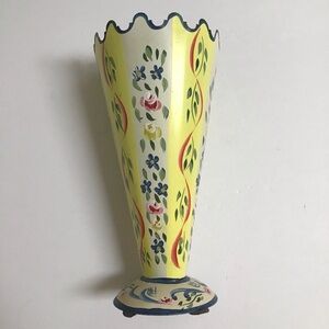 Jane Keltner Designs Hand Painted Floral Yellow Metal Vase 9” for Two's Company